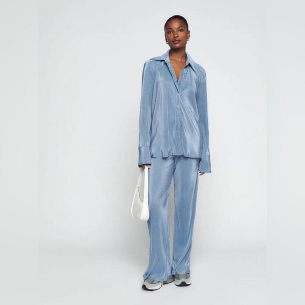 REFORMATION CARRINGTON TWO-PIECE MATCHING SET BLUE BLOUSE & PANTS XS NWT